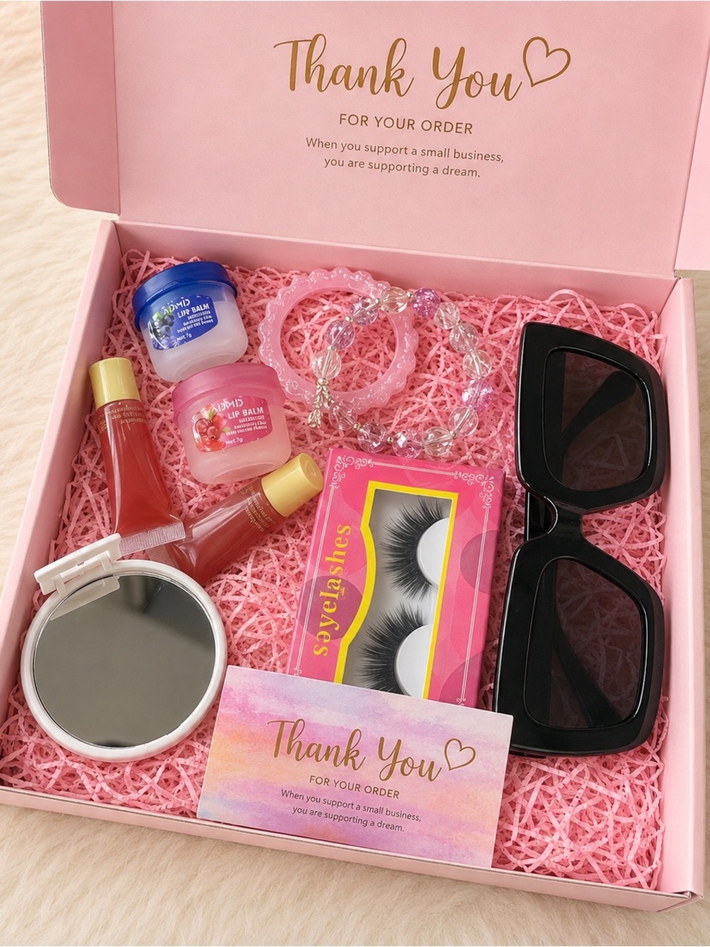 Pink Beauty Gift Set - Sunglasses, Lashes, Lip Care, Mirror & Bracelets